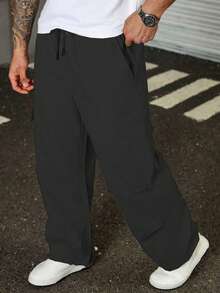 Plus Size Men's Casual Cargo Pants With Multiple Pockets And Drawstring Waist - Black - View 3