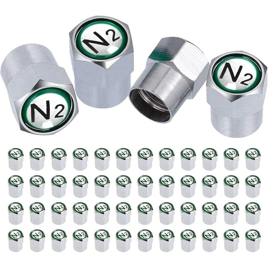 STAYOUNG 50PCS Tapones de Válvula - Tapones Antipolvo para Válvulas de Neumáticos, Latón Cromado, con Símbolo de Nitrógeno N2, para Coches, Motos, Bicicletas y Vehículos Eléctricos (Plateado) - 1 - Ver 1