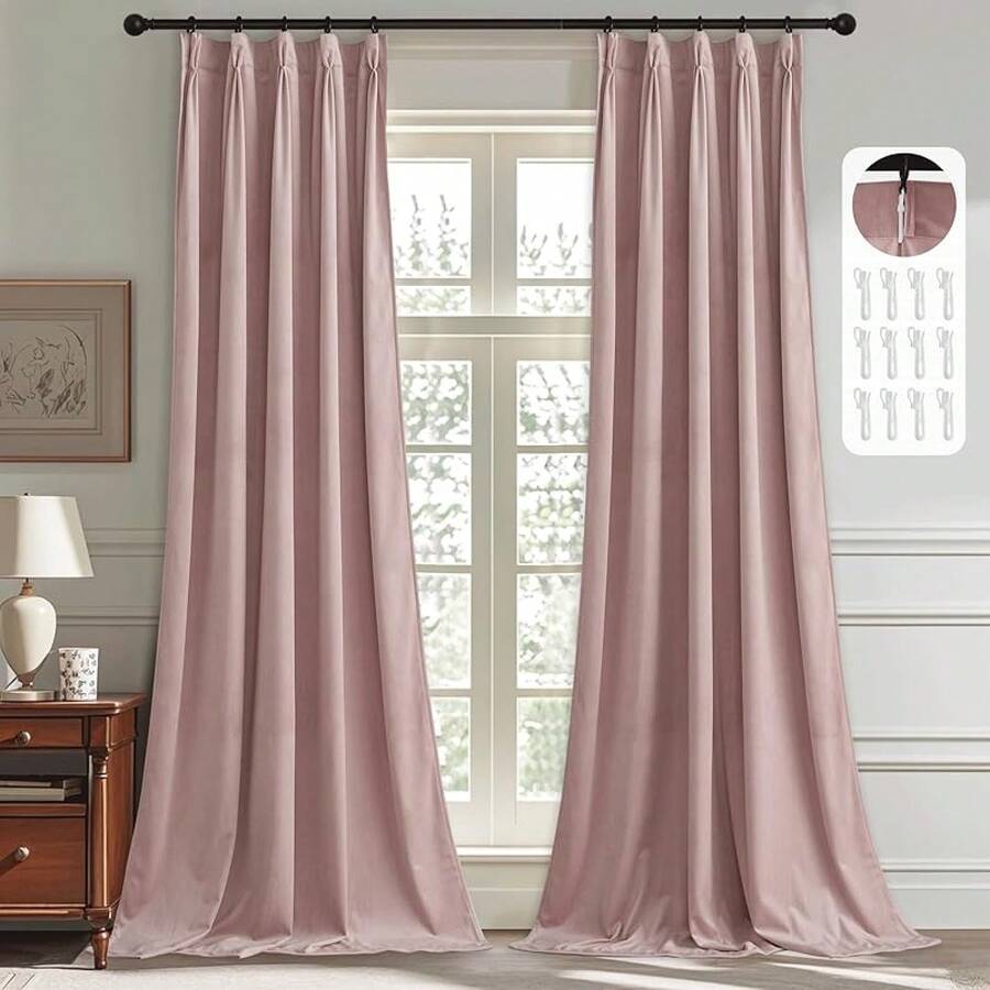 Olive Green Pinch Pleated Curtains 96 Inches Long, Thermal Insulated Window Drapes With Hooks, Soft Track System Panels Living Room, W38 X L96, 2 Panels, Home Decor - Dusty Pink - View 1