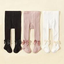 1-Piece Soft Breathable Rib Tights With Bows, Comfortable Four-Season Baby Leggings, Fashion Striped Baby Pants, Tights Stretch Set - Multicolor - View 6