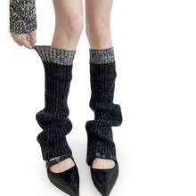 1 Pair Color-Block Knitted Sock Covers Autumn Winter Thick Mixed Color Versatile Calf Boot Covers Shark Pants Y2K Pile Wool Leg Covers - Black and Gray - View 7