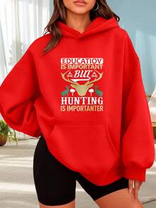 Fashionable Outdoor Hooded Sweater For Women. Black Hoodie With Deer Print And The Text "Education Is Important But Hunting Is More Important." Perfect For Outdoor Activities, Dates, Or Holiday Gifts. - 紅色 - 查看 6
