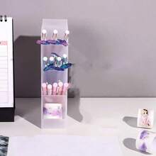 1pc Multi-Functional Desktop Storage Box, Transparent Plastic Pen Holder, Frosted Slanted Design, Multi-Purpose Stationery/Pen Cup, Makeup Brush/Lipstick Organizer, Space Saving