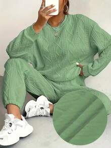 2026 Premium Apparel Women's Thermal Workout Set - Winter Gym Pants & Sweater Combo With -Filled Lining, Loose-Fit Running Tracksuit, Elastic Waistband & Full-Zipper Compatible For Outdoor Training, Yoga, Casual Outdoors - Warm Athletic Lounge Suit (Autumn/Winter), Yoga  Elegant Ribbed Jacquard Pants Set - Two-Piece Winter Warmth Outfit With Oversized Sweater Coat Jacket & Wide-Leg Trousers, Soft Stretch Fabric, Casual To Formal Wear, Cozy Sweater Pants For Everyday Formal Events 2025 New Autumn And Winter Collection Of European And American Women'S Clothing - Jacquard Long - Sleeve Casual Round - Neck Sweatshirt And Trousers Set.Women'S Suits, Women'S Two-Piece Suits  Patch-Detailed Sweatshirt & Sweatpants Two-Piece Set  Cable Knit Loungewear Set Chunky Knit Matching Sweater & Pants Fleece-Lined Inside: The Perfect Choice For Stylish Warmth - màu xanh lá - Xem 1