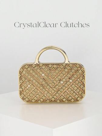 优雅女士水钻装饰晚宴手拿包，奢华闪亮盒形钱包，适合婚礼、晚宴和正式场合，可作派对手提包或单肩包。