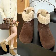Botas de Nieve de Gamuza Vintage para Mujeres 2025 Botas Cortas de Terciopelo de Invierno Punta Redonda Plana Uso Bidireccional Zapatos Cálidos para Mujeres - Marrón - Ver 5