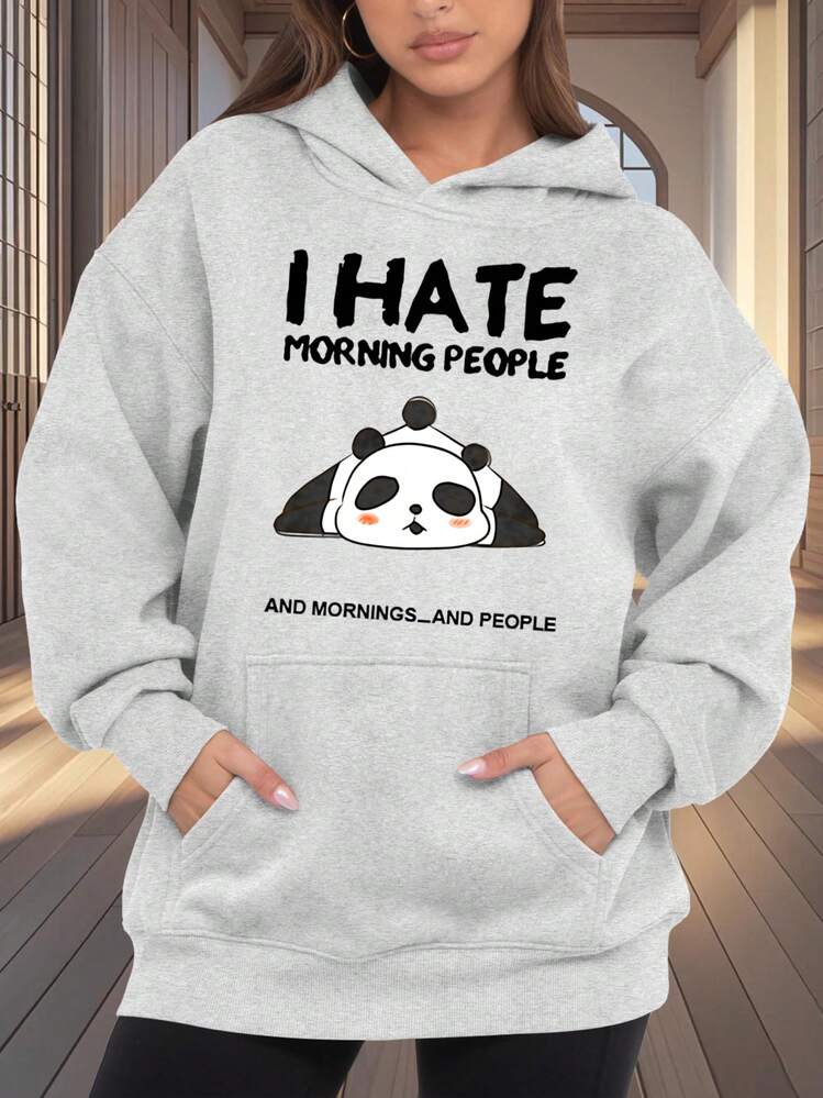 Sudadera con capucha gris con estampado de panda y texto I HATE MORNING PEOPLE AND MORNINGS AND PEOPLE para uso diario en casa o paseos - Gris Claro - Añade 1