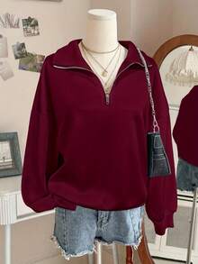 Women'S Casual Zip-Up Hoodie With Stand Collar & Long Sleeves, Loose Fit, Solid Color, Fall/Winter Fashion, Autumn Winter Apparel | Relaxed Fit Hoodie | Construction, Sweater Hoodie, Casual Wear, Casual Attire, Casual StyleLalipp Women's Loose Zip-Up Hoodie With Split Design Fall Cloth For Women - 紅色 - 查看 1
