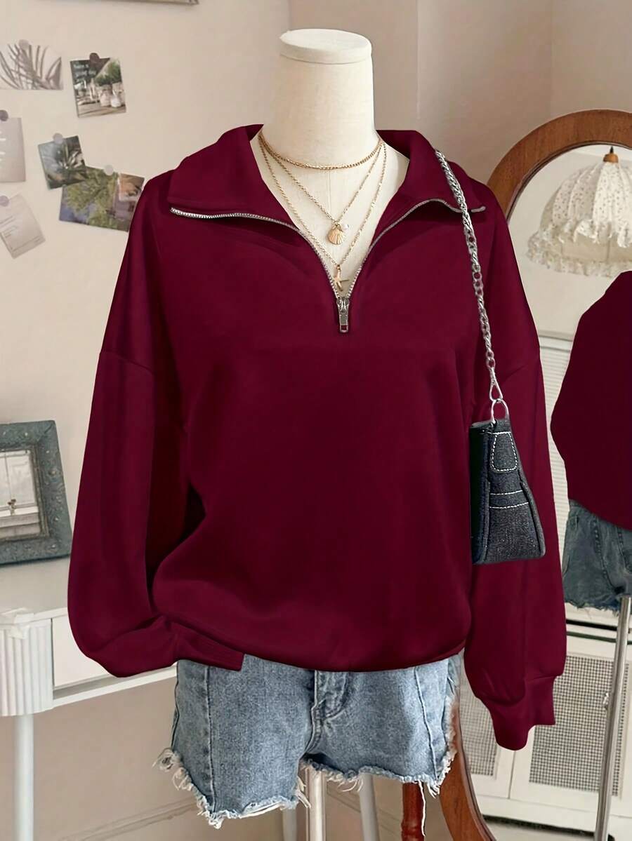Women'S Casual Zip-Up Hoodie With Stand Collar & Long Sleeves, Loose Fit, Solid Color, Fall/Winter Fashion, Autumn Winter Apparel | Relaxed Fit Hoodie | Construction, Sweater Hoodie, Casual Wear, Casual Attire, Casual StyleLalipp Women's Loose Zip-Up Hoodie With Split Design Fall Cloth For Women - 紅色 - 查看 1