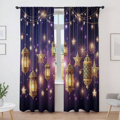 2pcs Ramadan Starry Sky Curtains, Purple & Gold Color Lighting Up Home Atmosphere, Semi-Blackout & Heat Insulation, Suitable For Bedroom & Living Room, Creating Romantic & Cozy Space, 2D Digital Printing, Handmade Rod Pocket Style, Daily Home Window Decor