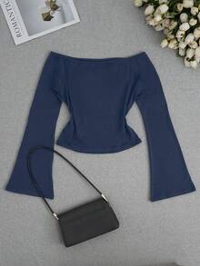 Fashionable Casual Y2K Women's Cross Print Off Shoulder Flare Sleeve Top Spring - Blue - View 2