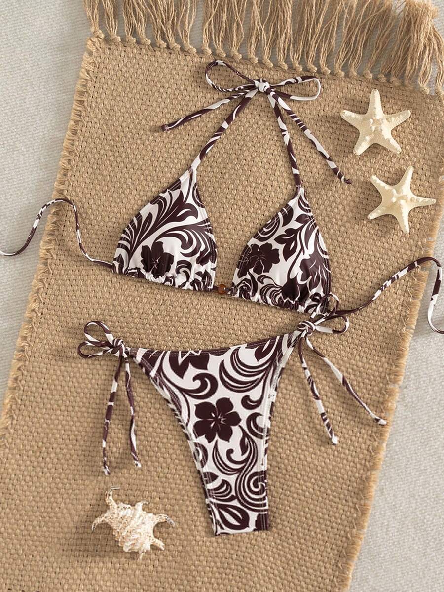 Bộ bikini buộc dây lưng họa tiết lá phong cách Boho dễ thương dành cho nữ, kèm quần lọt khe co giãn cao, mang đến vẻ ngoài thời trang trên bãi biển - Màu be - Xem 1