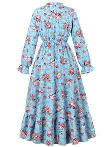 2025 Spring/Autumn Elegant Loose Floral Print Long Sleeve Stand Collar Casual Beach Vacation Dress - Baby Blue - View 2