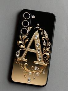 A-Letter Rhinestone Floral Pattern Phone Case, Black TPU Soft Protective Cover, Compatible With Huawei Honor, Galaxy, International Version,  Not The Domestic Version - Black - View 5