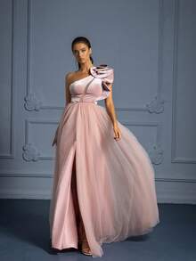 3D Floral Decor High Slit Mesh Long Bridesmaid Dress - Pink - View 6