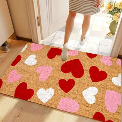 1pc Valentine'S Day Welcome Mat - Romantic Red, Pink & White Heart Design, Durable Polyester, 0.39inch Thick, 800g/M², Machine Washable, Ideal For Indoor/Outdoor Entrance Decor, Valentines Decorations