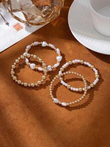 Set de 4 piezas de pulseras elegantes y versátiles con diseño de lazo, perlas falsas y cuentas doradas con forma de corazón, un regalo dulce y elegante para cumpleaños, vacaciones, uso diario, fiestas y festivales - 4 - Ver 4