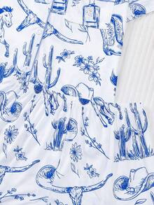 2pcs Women Pajama Set, Western Pattern Print, Ladies Homewear, Spring/Summer Holiday Outfit, Short Sleeve Lapel Top And Shorts Lounge Set - White - View 6