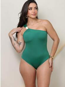 Bodysuit With Sleeveless Design, Buckle With Padding, Sensual, Simple, Casual, Elegant, Asymmetrical, Summer Style. - Green - View 3
