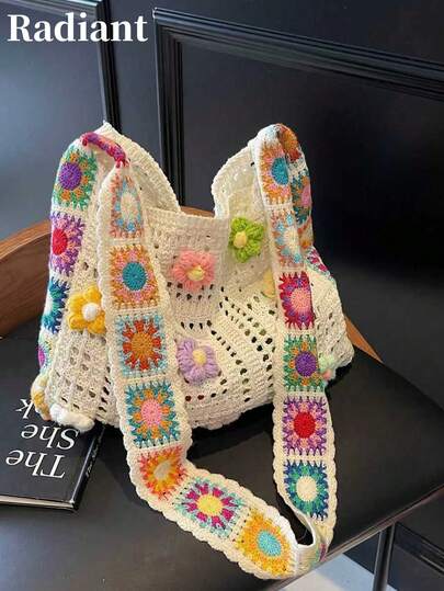 Bolso de mano estilo bohemio vintage con diseño floral hueco y contraste de colores, ideal para vacaciones, viajes y compras al aire libre (color/patrón de la flor distribuido al azar) (color/patrón de la correa distribuido al azar)