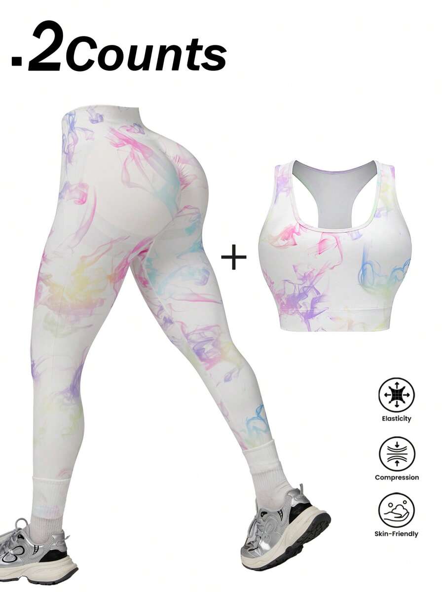2pcs Seamless High-Elasticity Print Sportswear,Women's Racerback And Detachable Chest Pad Design Underwear,High Waist And Tucked Abdomen Sports Leggings For Women,Workout Sets For Women,Gym Clothes Women - 白印花 - 查看 1