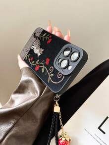 卡通猫咪彩绘镂空黑色草莓图案腕带简约时尚创意防摔手机壳，兼容 17/17Pro/17ProMax/16/11/16Pro/16Plus/16ProMax/16E/15ProMax/13/14/12/XS/XR/7G/8P，兼容三星Galaxy S25/S25Plus/S25 Ultra/A16/A36/A26/A56/A50/A12/A32