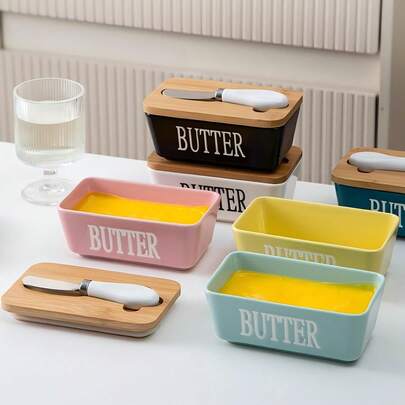 1 Set - Ceramic Butter Dish With Lid, Includes Butter Knife And Bamboo Sealing Cover, 6 Color Options, Can Be Used As Kitchen Butter Jar, Cheese Box, Honey Pot, Snack Cookie Jar, Suitable For Storing Butter, Kitchen Food, Suitable For Home Kitchen Countertop, Ceramic Product, Butter Container