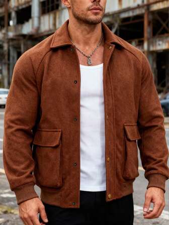 Men's Fashionable Retro Warm Brown Tone Collar Jacket, Metal Button Decor Adds Sophistication, Practical Side Pockets, Loose Fit Suitable For Various Body Types, Effortlessly Creates A Casual Yet Stylish Look
