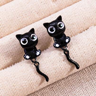 1 par de pendientes únicos con diseño de oreja y cola de gato negro de dibujos animados, ideales para universidad, fiesta, hip-hop