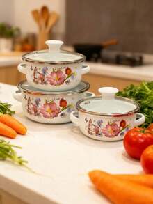 3件套彩色搪瓷涂层平底锅套装，迷你锅，适用于煮粥、牛奶、汤、面条，适用于电磁炉和燃气灶 - 小鍋三件套 - 查看 9