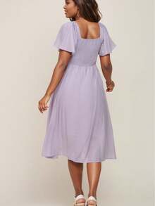 Maternity Solid Color Bohemian Elegant Woven Fabric Drawstring Dress, Suitable For Daily Wear And Vacation, Spring/Summer - Lilac Purple - View 4