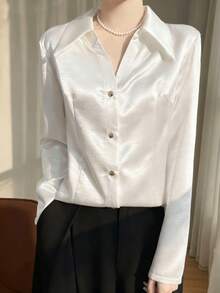 Áo sơ mi satin bóng thời trang xuân thu dành cho nữ, áo cánh trắng tay dài, áo sơ mi cổ polo phong cách Pháp mới, áo cánh dài tay thanh lịch, áo thời trang và đa năng - trắng - Xem 2