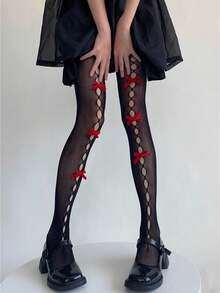 1双洛丽塔蝴蝶结渔网袜，薄款性感镂空连裤袜，白色 - 彩色 - 查看 11