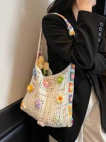 Bohemian Style Vintage Hollow Floral Contrast Color Casual Crossbody Bag Tote Bag For Holiday Vacation Outdoor Shopping (Flower Color/Pattern Randomly Distributed) (Strap Color/Pattern Randomly Distributed), Boho - White - View 4