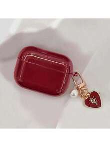 Glossy Wine Red TPU Earphone Protective Case With Faux Pearl Chain And 3D Heart Design, Compatible With Airpods 1/2/3/4, Pro 3/Pro 2, Scratch-Resistant, Shock-Proof, Soft , Mother's Day, Valentine's Day, Birthday Gift, Girlfriend Gift - Burgundy - View 12