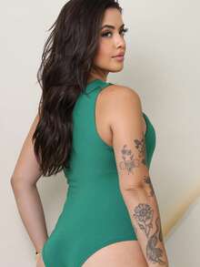 Bodysuit With Sleeveless Design, Buckle With Padding, Sensual, Simple, Casual, Elegant, Asymmetrical, Summer Style. - Green - View 2