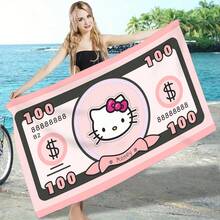 Sanrio Hello Kitty Dollar Bill Design Beach Towel, Modern Polyester Cartoon Print, Knit Fabric Quick-Dry Pool Travel Camping Sports Accessory, 240gsm Lightweight Patterned Oblong Towel For Summer Vacation Gift