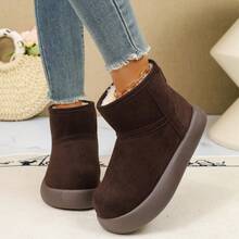 女士时尚厚底套脚雪地靴，冬季百搭舒适踝靴 - 咖啡色 - 查看 12