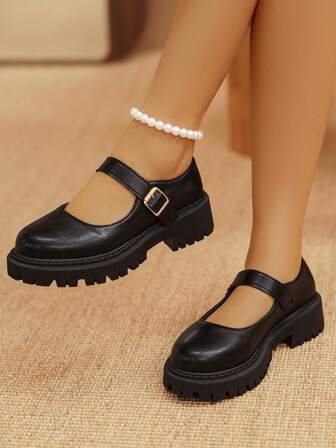 2025 New Flat Shoes, Solid Color Street Style PU Leather Buckle Flat Shoes, Suitable For All Seasons