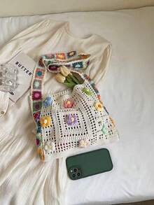 Bohemian Style Vintage Hollow Floral Contrast Color Casual Crossbody Bag Tote Bag For Holiday Vacation Outdoor Shopping (Flower Color/Pattern Randomly Distributed) (Strap Color/Pattern Randomly Distributed), Boho - White - View 7