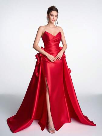 Anymoon Luxurious Strapless Waist-Cinched 3D Floral Mermaid Evening Gown, Formal Dress, Floor-Length Gown, Suitable For Thanksgiving Dinner, Christmas Party, Cocktail Party, Graduation Ball, Brand Launch, And Other Formal Occasions