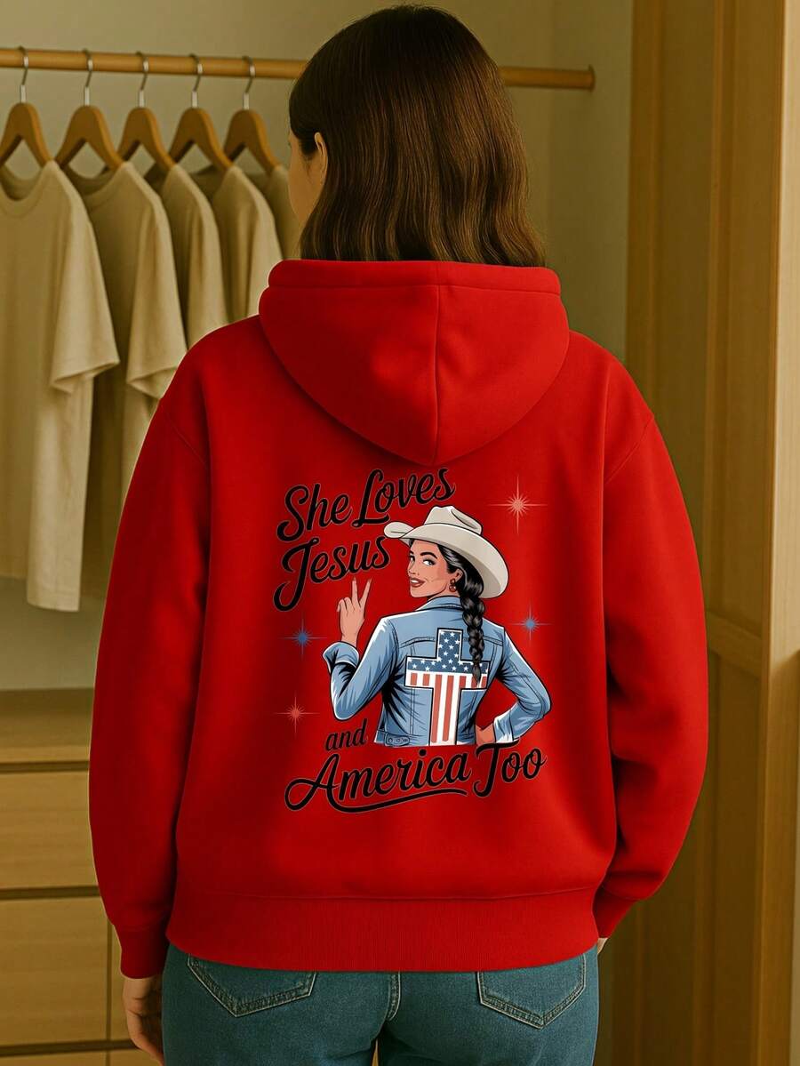 Oversized Hoodie For Women, Graphic Print With She Loves And America Too, Cotton, Comfortable, Fall Streetwear - 紅色 - 查看 1