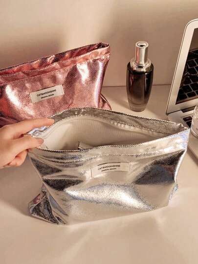 1pc Metallic Snake Skin Pattern Cosmetic Bag, Glossy PU Leather, Large Capacity, Portable Travel Toiletry Bag, Soft Zipper Handbag, Women's Makeup Bag, Personalized Cosmetic Pouch, Travel, Makeup Case, Handheld Storage Bag, Beauty Box, Holiday Essential, Valentine's Day, New Year, Wedding, Party Decor Gift