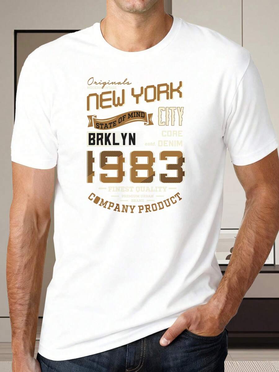 Men's Fashion T-Shirt, Black Short Sleeve T-Shirt With New York City 1983 Print, Original Denim For Men, Ideal For Daily Wear, Casual Outings, And Modern Urban Style, Perfect For Dates, Holiday Gifts - 白色 - 查看 1