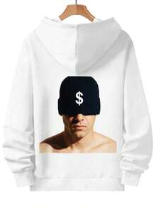 Sudadera con capucha negra casual y audaz - Hombre desnudo impreso con corbata azul marino y signo de dólar ($) en la Bottom de la espalda, la capucha cubre el diseño - Ropa urbana distintiva de finanzas para hombres y mujeres - Blanco - Ver 2