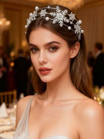 1件装圣诞雪花发箍，女士水钻冬季派对雪花花朵发带，圣诞假日派对装饰：新娘发带、婚礼配饰、晚礼服、发饰