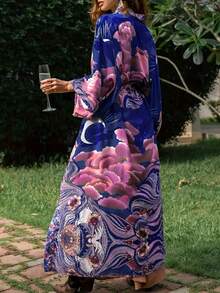 Oversized Mid-Length Bohemian Style Casual Versatile Commute Printed Kimono Cardigan, Tie-Waist Robe, Beach Cover-Up, Lightweight Summer Jacket Vacation Spring - Blue - View 7