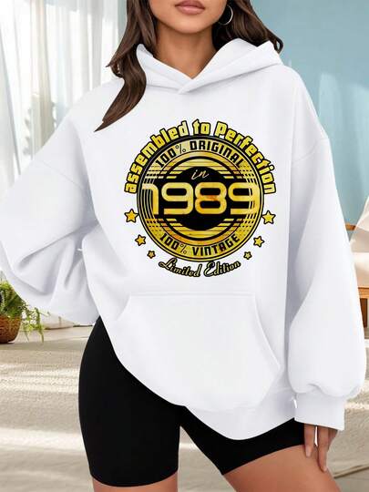 Suéter de moda con capucha al aire libre para mujeres Sudadera con capucha negra estampada con diseño dorado Assembled to Perfection in 1989 100 Original 100 Vintage Limited Edition para uso diario ocasiones sociales y temporada de otoño invierno,Combinar  de citas fuera de casa, regalos de vacaciones La mejor opción para salir a una cita