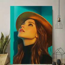 2D Plano, 1 Pieza Arte de Pared en Lienzo Abstracto Retro Moderno - Retrato Vibrante de Mujer con Sombrero en Azul, Verde y Oro, Marco de Madera Impresión de Alta Calidad, Decoración de Pared Vertical Adecuada para Sala de Estar, Dormitorio, Oficina en Casa, Decoración de Arte de Cama, Diseño de Marco Envuelto, 2D Plano - Multicolor - Ver 2