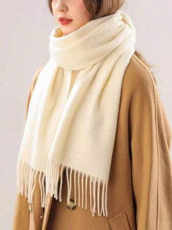 1 Stück einfarbiger, legerer und eleganter Polyester (Polyester) Faux-Kaschmir Schal mit Quasten für Herbst und Winter, weich und warm